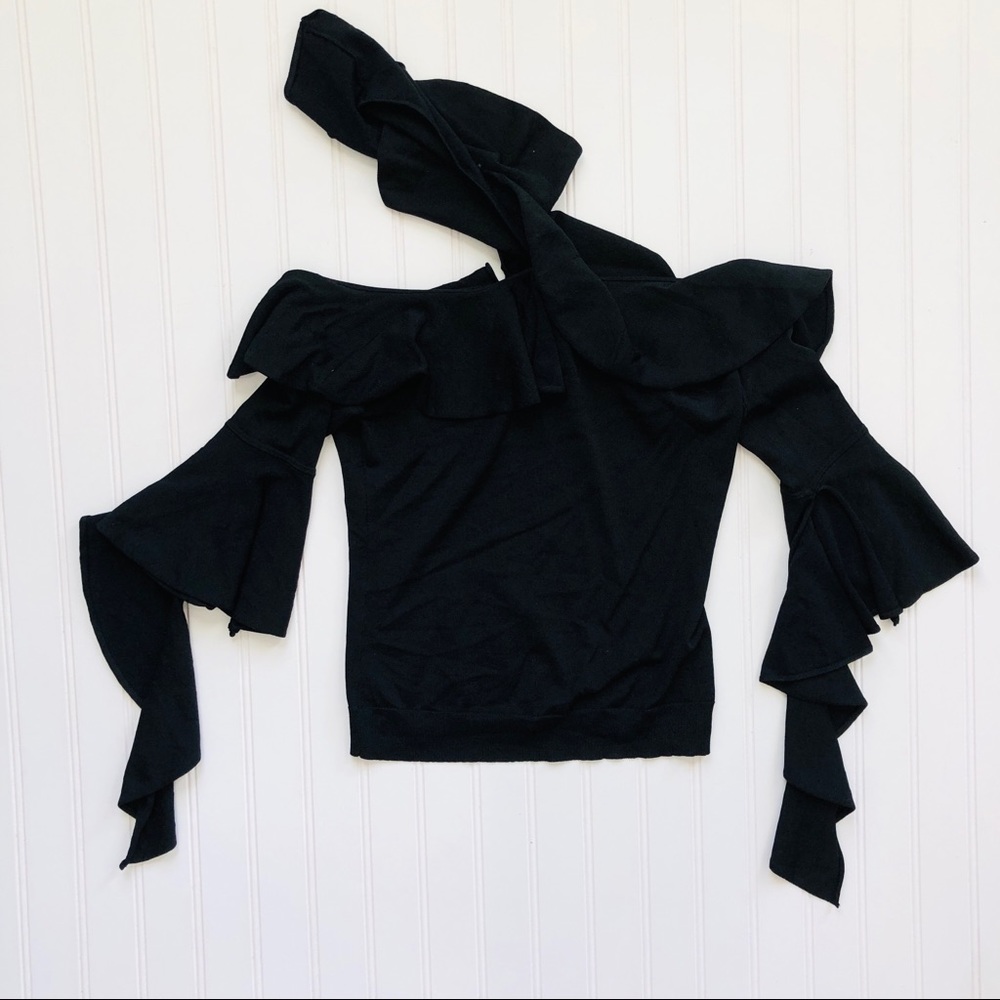 Chelsea28 Ruffle Black Cold Shoulder Top
